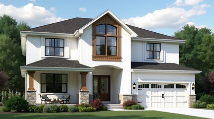 Modern farmhouse style home with white board and batten siding and a prominent arched window