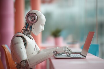 Humanoid robot working on a laptop in a modern office environment