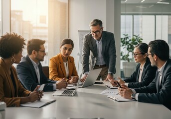 Diverse professional team engaged in a collaborative business meeting discussing strategy and ideas around a conference table