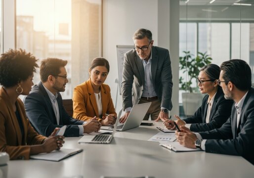 Diverse professional team engaged in a collaborative business meeting discussing strategy and ideas around a conference table