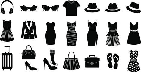 Fashion and travel silhouette icon collection with dresses, shoes, handbags, hats, sunglasses, and accessories for retail, design, and illustration