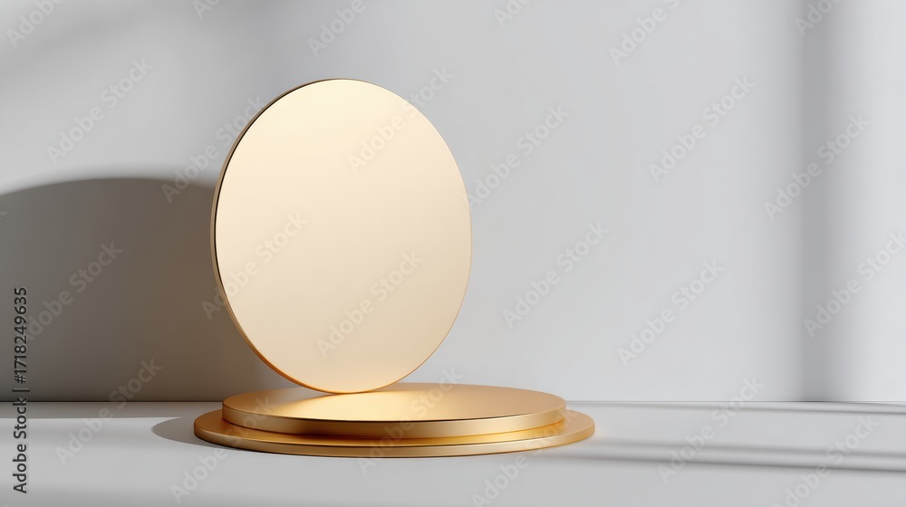 Poster a minimalistic golden display stand showcasing a circular platform against a soft, neutral backdrop