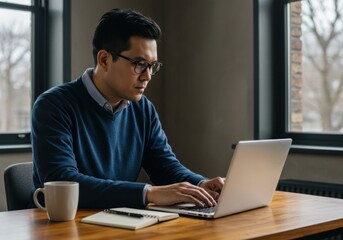 Focused asian man wearing glasses diligently works on his laptop computer at a wooden desk with a coffee mug and notepad nearby