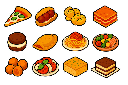 Italian-American Food Icons. Isometric vector illustration set Italian-American bites: pizza margherita slice, meatball sub,