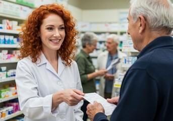 Obraz premium Friendly pharmacist in white coat hands prescription to elderly male customer in well stocked pharmacy aisle