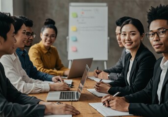 Diverse professionals collaborate around a conference table engaging in a productive business meeting with a whiteboard presentation