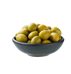 black bowl with pickled green olives isolated on a white background.