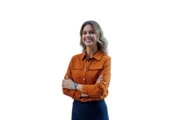 Confident young businesswoman smiling and standing with arms crossed, portraying professionalism and success, transparent background