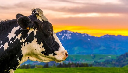 Black and White Cow in a Field at Sunset.