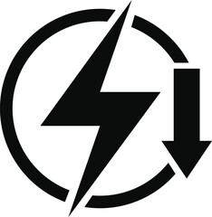 PrintElectric sign with down arrow. Low electricity energy icon. black design in trendy style. Vector illustration
