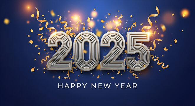 Festive digital illustration celebrating the New Year 2025. The layout features the large, bold numbers '2025' prominently in the center, designed with a metallic, striped texture that gives a sense o