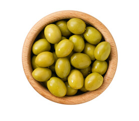 wooden bowl with pickled green olives isolated on a white background. Top view.