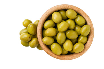 marinated green olives in a wooden bowl isolated on a white background. Top view.