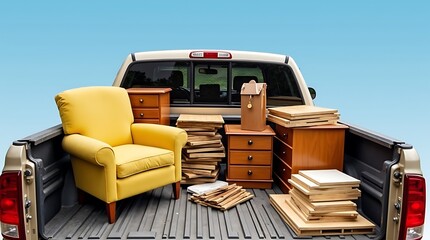 Pickup truck bed filled with furniture and boxes ready for moving or storage against a clear blue sky