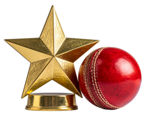 Angled Side View of Cricket Award with Gold Star and Red Ball, Highlighting Depth and Shine, isolated on transparent background
