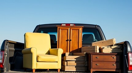 Bright yellow armchair and wooden furniture loaded into the back of a dark pickup truck for moving or transport