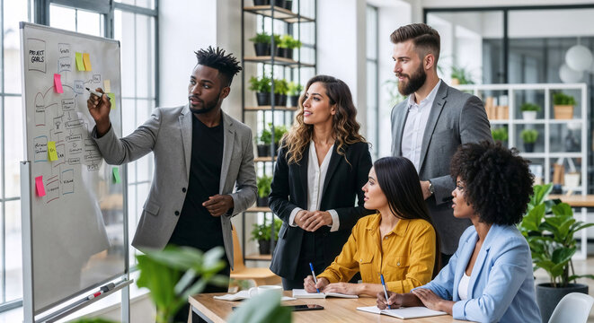 Business presentation with multiethnic team brainstorming on whiteboard with readable text in office with greenery