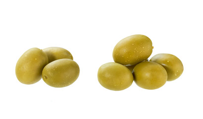 delicious marinated green olives isolated on white background.