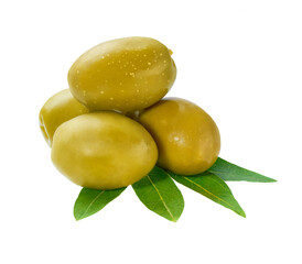 Green olives with leaves on a white background isolated.