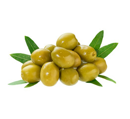 Green olives with leaves on a white background isolated.