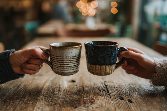 Two Hands Holding Ceramic Coffee Mugs on Rustic Wooden Table with Bokeh Lights - Powered by Adobe