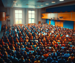 Naklejka premium Large audience in conference hall engaged in presentation, diverse attendees, modern architecture, bright lighting, professional atmosphere, copy space for text, minimal style photo