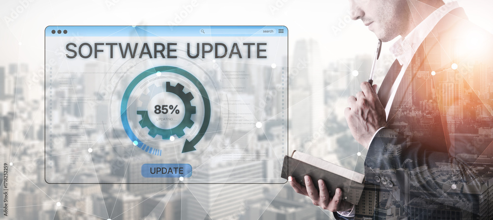 Poster knowledge upgrade and software update, digital skills improvement, competitive advantage, continuous