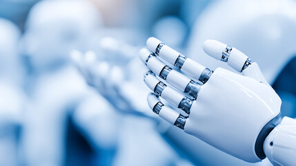 Robotic hand with articulated fingers extended, showcasing advanced mechanical design and precision engineering in a technology-focused setting.