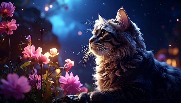 A fluffy cat sits amidst glowing flowers under a night sky - Powered by Adobe