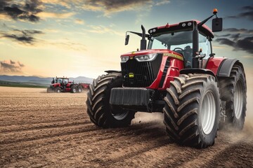 Fototapeta premium Tractors tilling the soil during sunset in a rural farming landscape