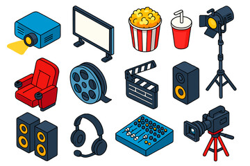Modern Cinema Icons. Isometric vector illustration set Modern Theater: digital projector, cinema screen, popcorn bucket, soda cup,