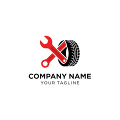 Automotive Repair and Tire Service Logo featuring Red Wrench and Black Tire on a White Background with Placeholder Company Name and Tagline, Flat Vector Elements, Vector Illustration, Simple Vector,