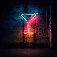 Vibrant Neon Martini Glass Sign Illuminates Grungy Brick Wall at Night