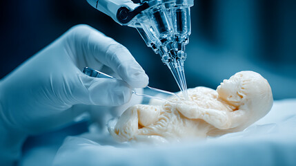 Scientific procedure on a fetal model using precision instruments in a laboratory setting