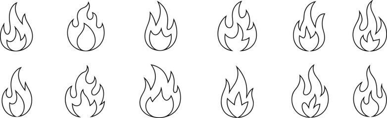 Black and white flame icon set, stylized fire symbols, outline vector flames, minimal design, graphic elements for branding, UI