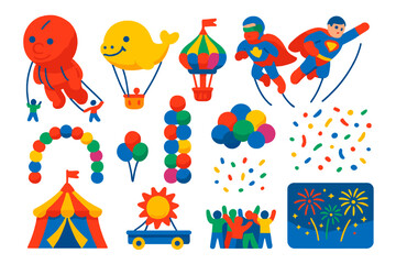 Vibrant Balloon Parade. Isometric vector illustration set Balloon Festival: giant parade balloon, animal shape balloon, fantasy