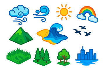 Vibrant Nature Elements. Isometric vector illustration set Nature and Wind: blowing cloud, gust swirl, sun, mountain hill, beach
