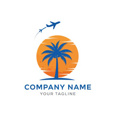 Naklejka premium Modern Travel Company Logo with Blue Palm Tree Silhouette, Sunset, and Airplane Icon, Ideal for Vacation and Tourism Branding, Flat Vector Elements, Vector Illustration, Simple Vector, Stylized