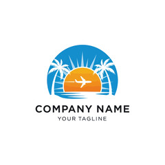 Modern Travel Logo Design with Airplane, Palm Trees, and Sunset over Ocean on White Background for Tourism Branding, Flat Vector Elements, Vector Illustration, Simple Vector, Stylized Vector Drawing,