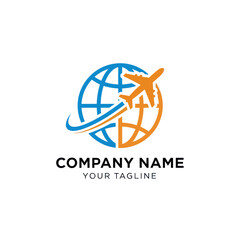 Global Travel and Logistics Logo with Airplane Circling a Stylized Blue and Globe on White Background, Flat Vector Elements, Vector Illustration, Simple Vector, Stylized Vector Drawing, Vector