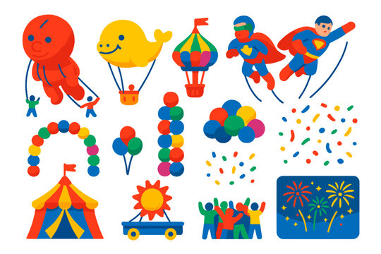 Vibrant Balloon Parade. Isometric vector illustration set Balloon Festival: giant parade balloon, animal shape balloon, fantasy