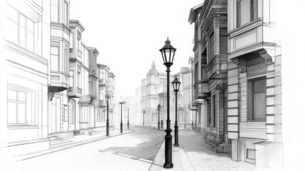 Fototapeta premium Architectural sketch of a serene street with vintage lampposts and elegant buildings, evoking nostalgia