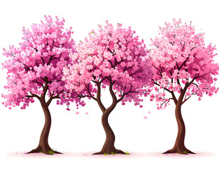 Obraz premium Three pink cherry blossom trees in a row against a black background