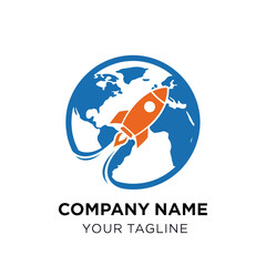 Blue Earth Globe and Rocket Launch Logo Design on White Background, Embodying Global Reach, Business Growth, Technology, Innovation, and Speed for Modern Branding., Flat Vector Elements, Vector