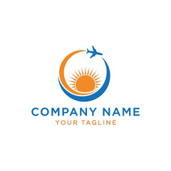 Modern Blue and Travel Logo featuring an Airplane flying around a Sun with Arcs, ideal for Tourism Companies, Airlines, or Vacation Agencies, on a White Background, Flat Vector Elements, Vector