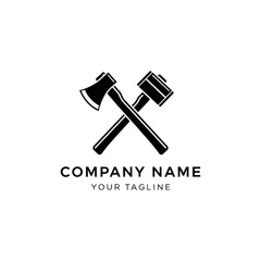 Minimalist Black and White Logo Design Featuring Crossed and Hammer, Ideal for Construction, Handyman, or Crafting Businesses with Customizable Text and Tagline, Flat Vector Elements, Vector