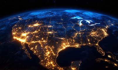 Illuminated Night View of United States from Space, Showcasing City Lights and Geography, high resolution photo