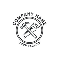Distressed Monochrome Logo with Crossed Hammer and Saw for Carpentry or Construction, featuring Circular Text and Rustic Aesthetic on White Background, Flat Vector Elements, Vector Illustration,