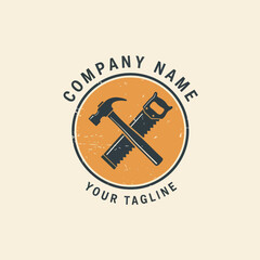 Hammer and Saw Cross Logo for Construction or Carpentry Business Branding, Featuring Distressed Texture on a Circular Emblem with 'Company Name' and 'Your Tagline' Text, Flat Vector Elements, Vector