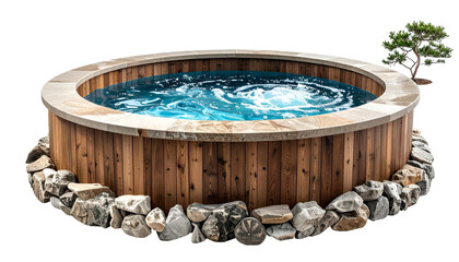 Fototapeta premium Round wooden hot tub with stone surround, tranquil water, and small bonsai tree